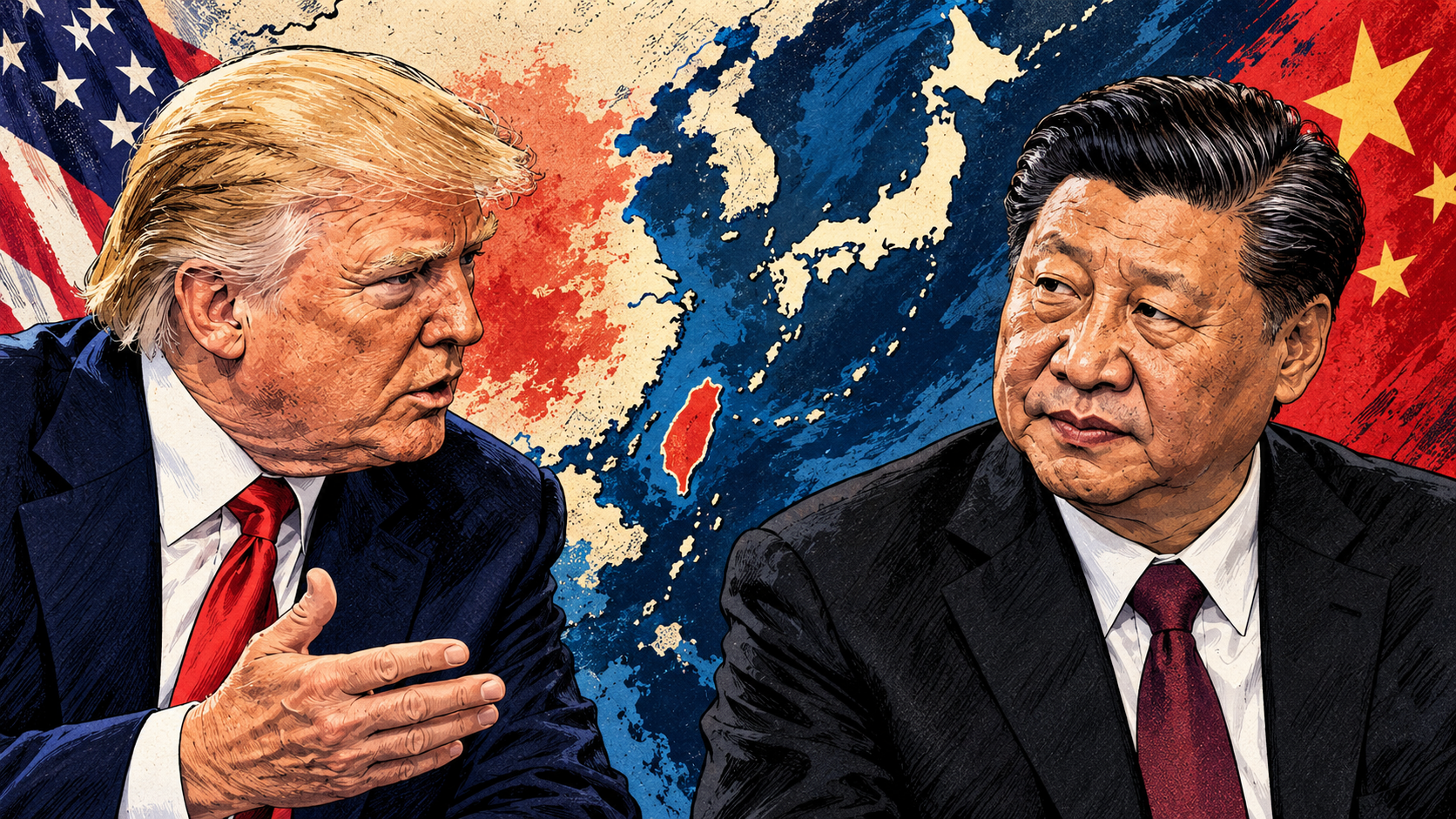 トランプ氏と習近平氏が東アジアの地図を挟んで向き合う様子を描いた挿絵